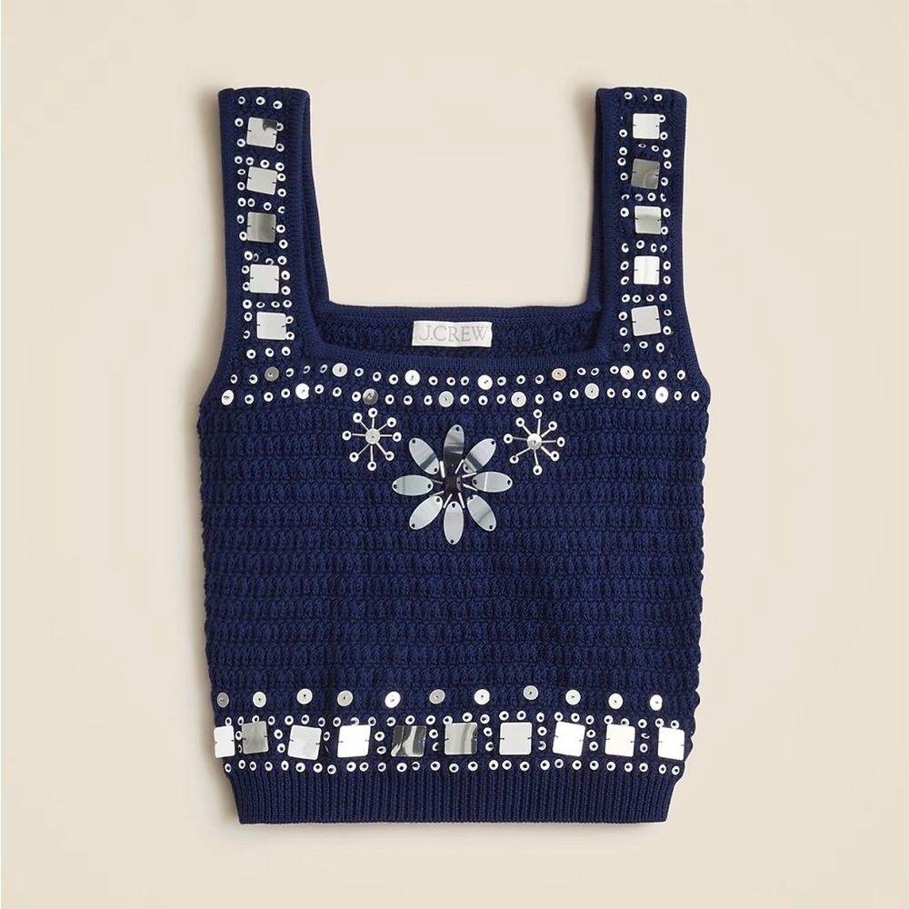 J. Crew Sweater-tank Sz L hand-embellished mirrors Navy Blue Crochet Floral Top